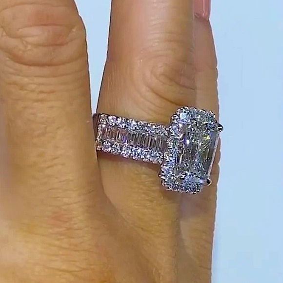 Sterling Silver Diamond Square Cut 2.50CT Baguette Accent Ring - Picture 10 of 11